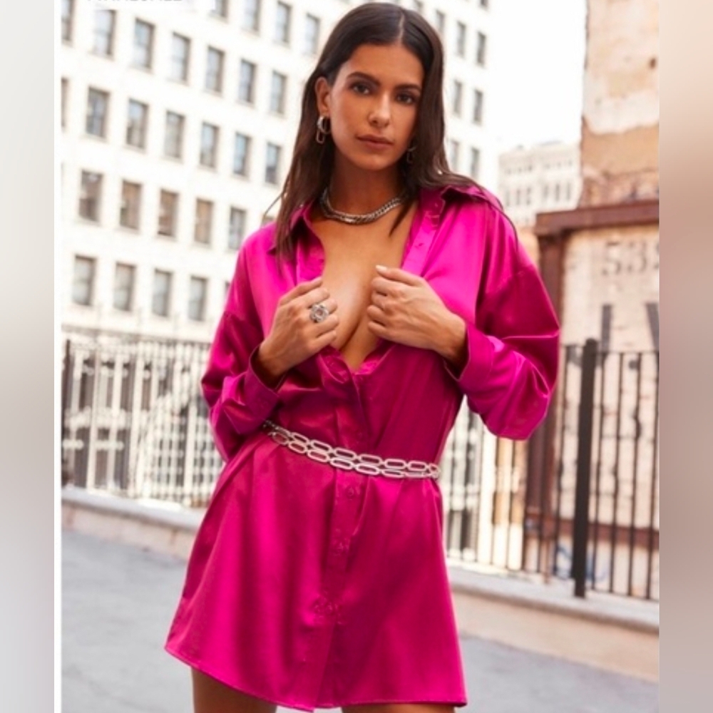 Extra Small 12th Tribe Fuchsia Button-Up Collared Dress